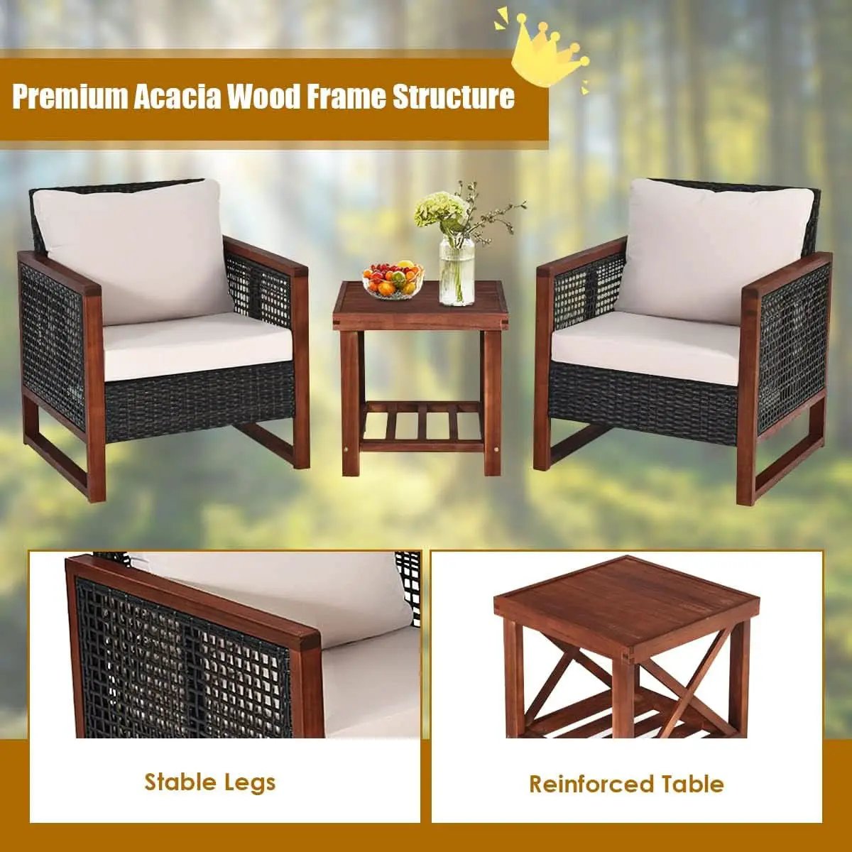 3 Piece Outdoor Patio Furniture Set With Wicker Chairs And Coffee Table Washable Cushions Acacia Wood Frame from PriceLows™