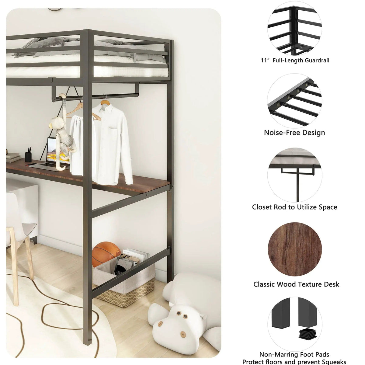 Adam Twin Loft Bunk Bed With Cinnamon Wood Desk And Closet Rod | 76.69 x 40.94 x 72.01 in | Metal & Wood | Black