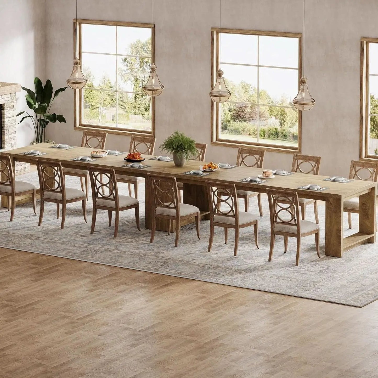 Oak 86 Inch Long Narrow Dining Table With Pedestal Base from PriceLows™