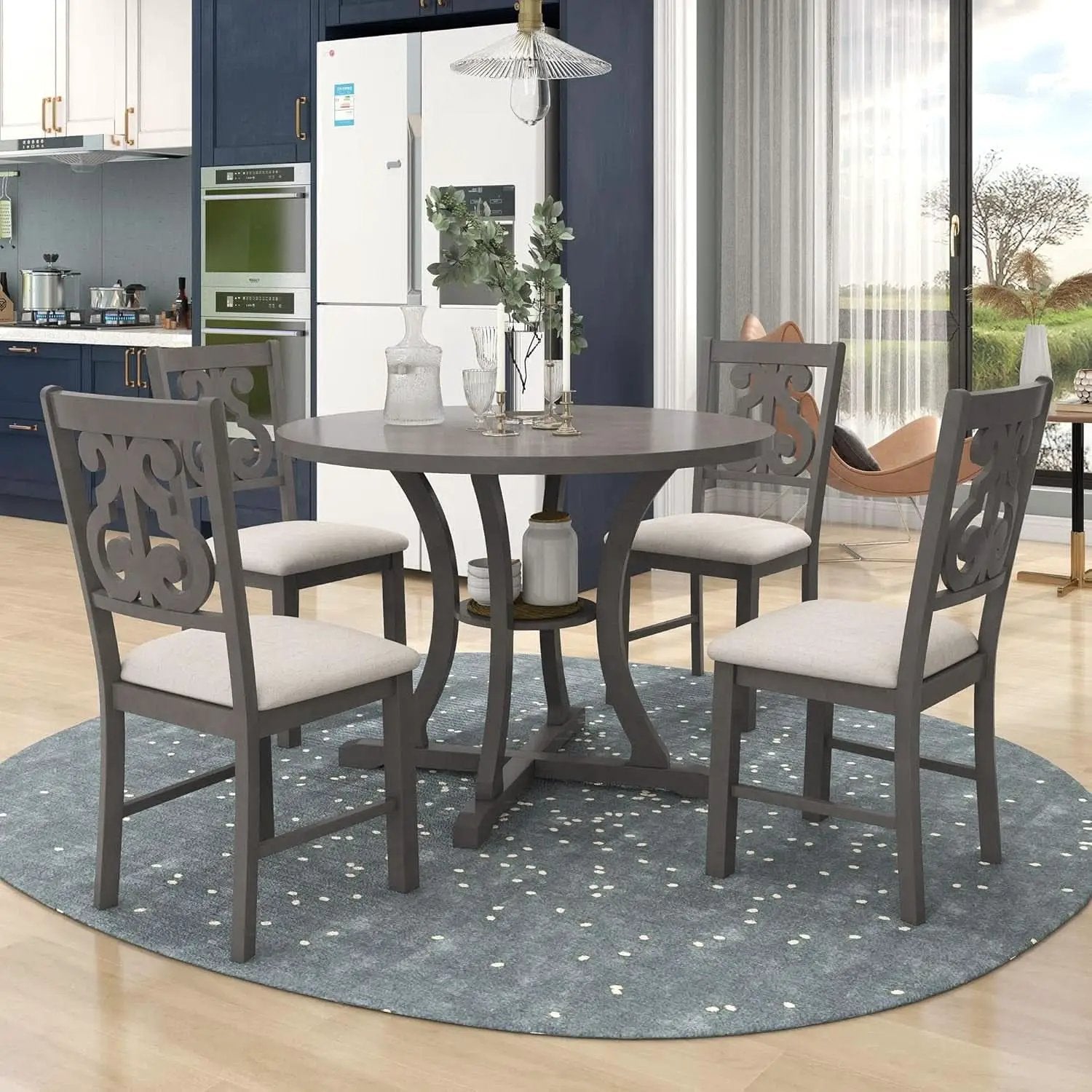 Gray Round Shaped Retro Antiqued Dining Table Curved Legs from PriceLows™