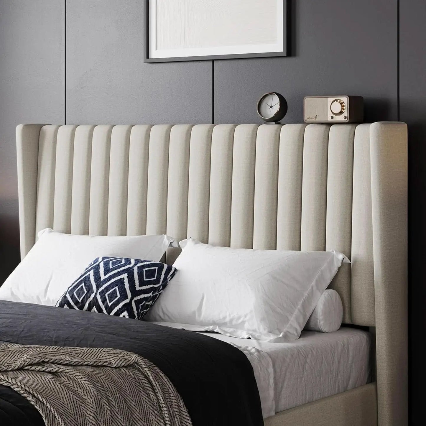Queen Upholstered Platform Bed With Beige Headboard from PriceLows™