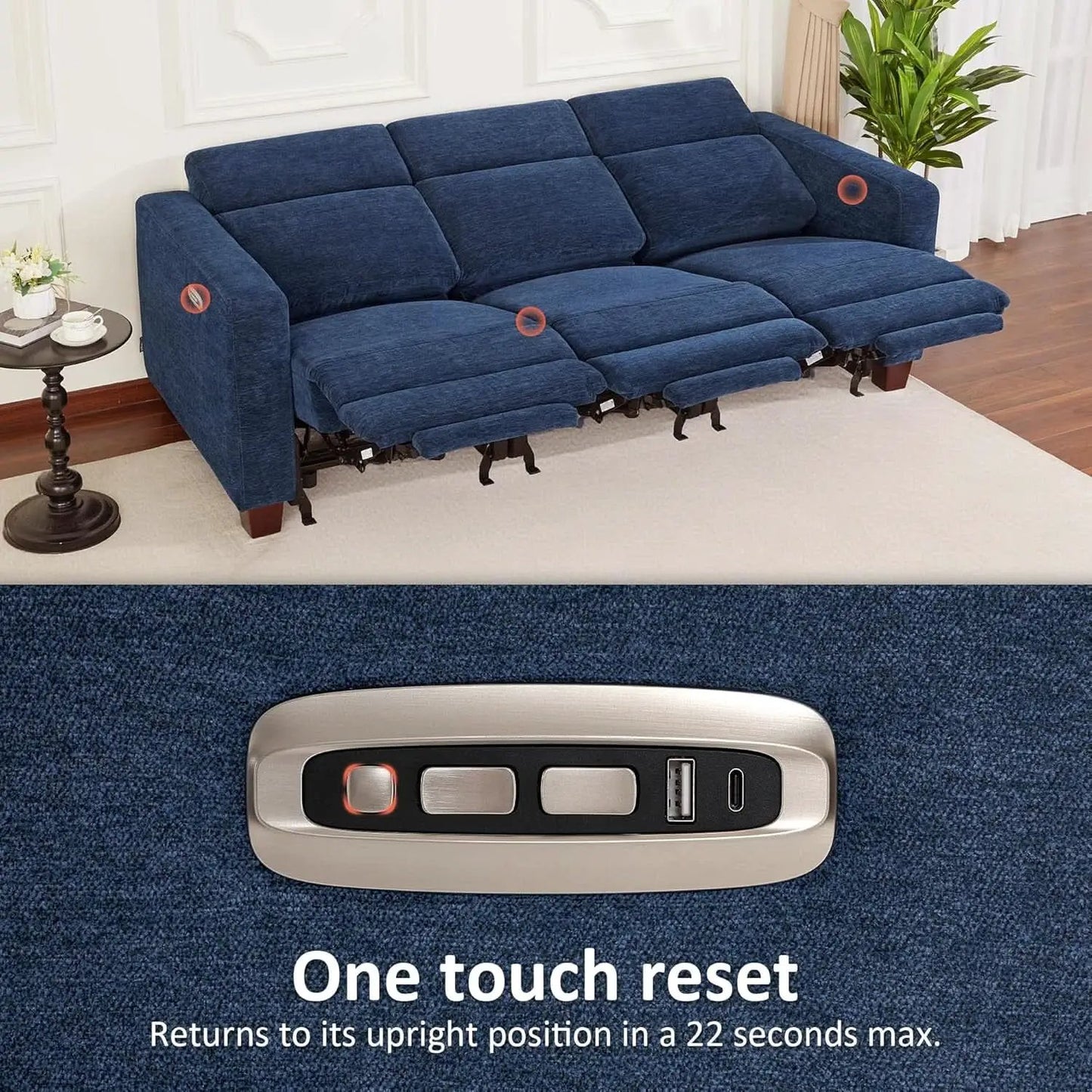 Navy Blue Zero Wall Hugger Power Reclining Sofa USB Ports from PriceLows™