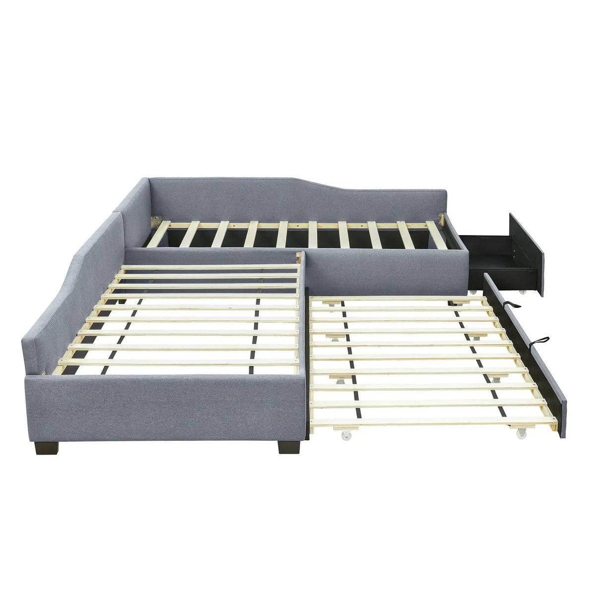 Upholstered Double Daybed | Trundle And Drawer | Two Twin Beds | 120 Inch Length