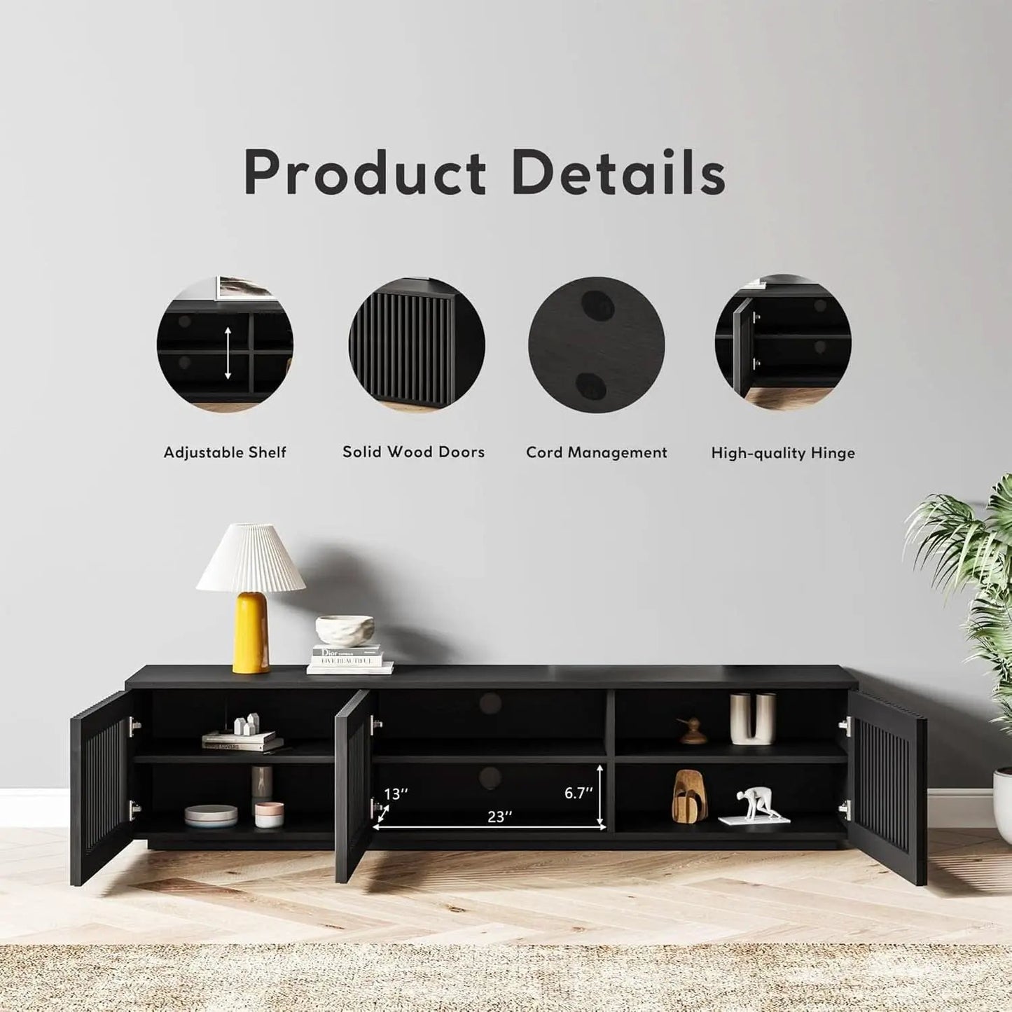 65 Inch Black Solid Wood TV Stand With Oak Veneer Finish from PriceLows™