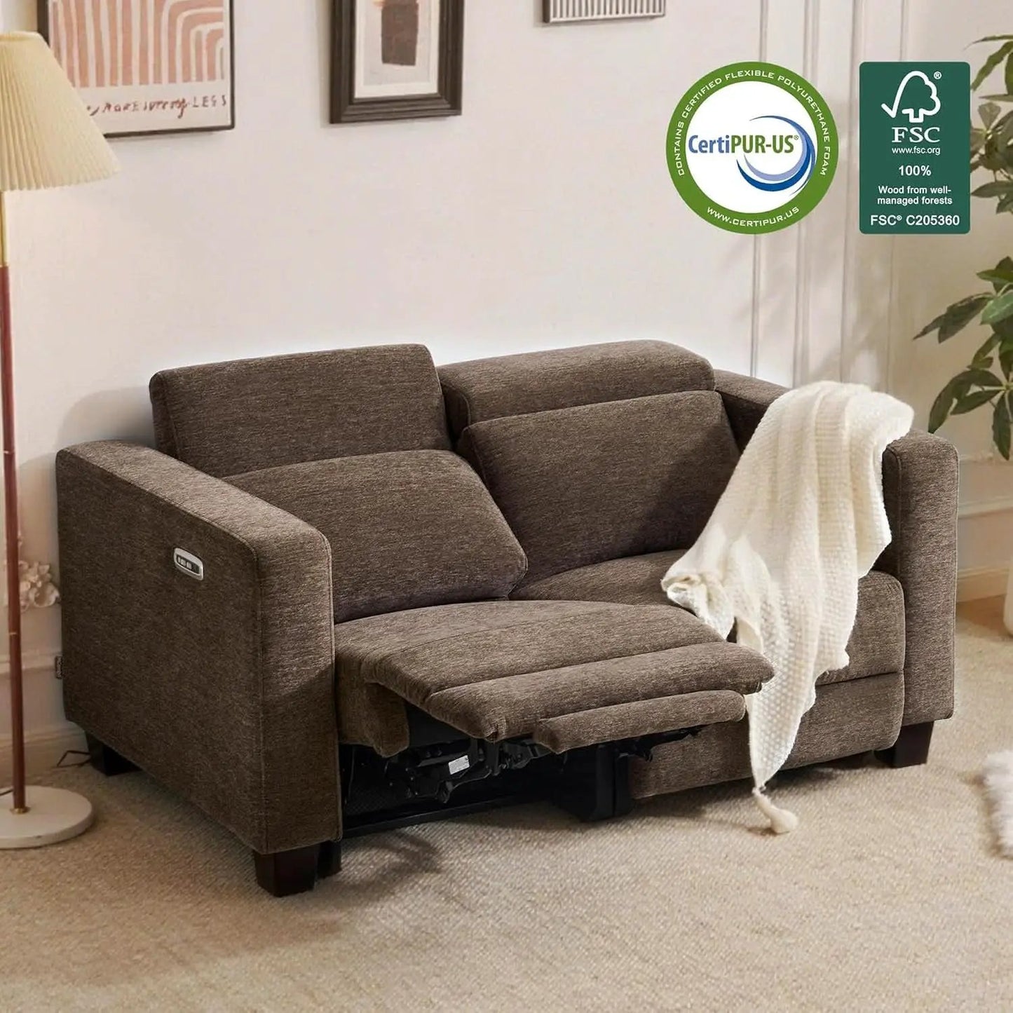 62.2 Inch Wall Hugger Power Loveseat Recliner with Adjustable Headrest and USB Ports in Coffee Fabric from PriceLows™