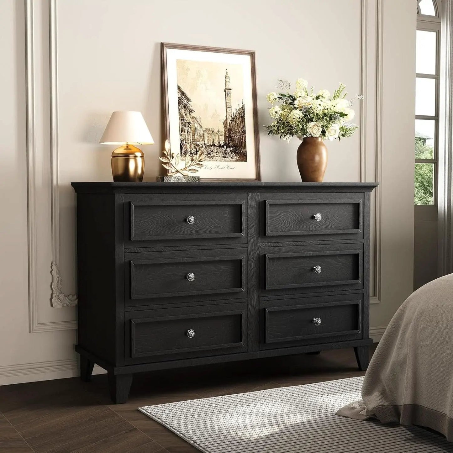 Black Antiqued Traditional Six Drawer Dresser Chest from PriceLows™