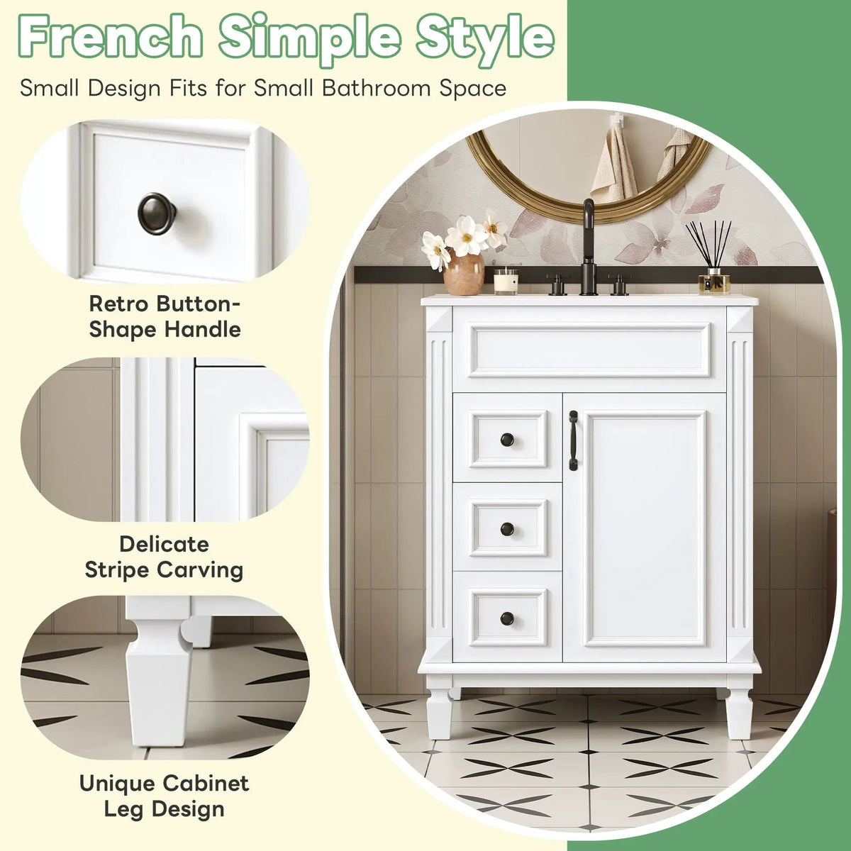 24 Inch Compact Bathroom Vanity | 2 Deep Drawers | Adjustable Shelf | Retro Button Handles