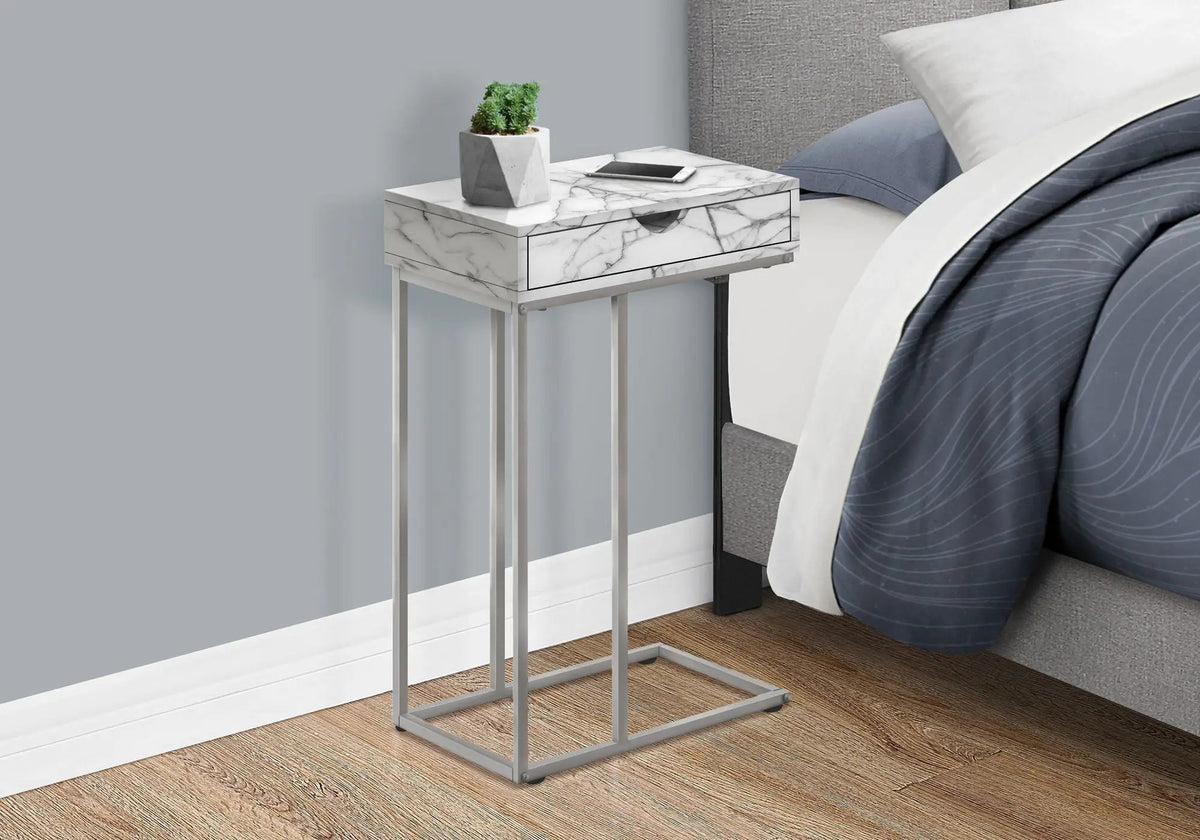C-Shaped End Table | Pass-Through Storage Drawer | Slide-Under Base | Modern Design