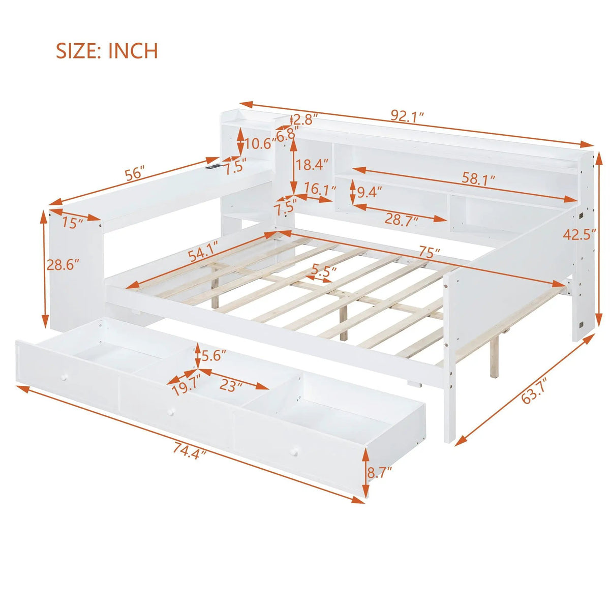 Pine Wood Daybed | 3 Drawers | USB Ports | Built-In Desk