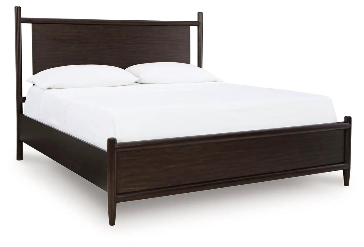 Dantenton Panel Bed | Rounded Wooden Frame | Rich Merlot Finish | Contemporary Mid-Century Style