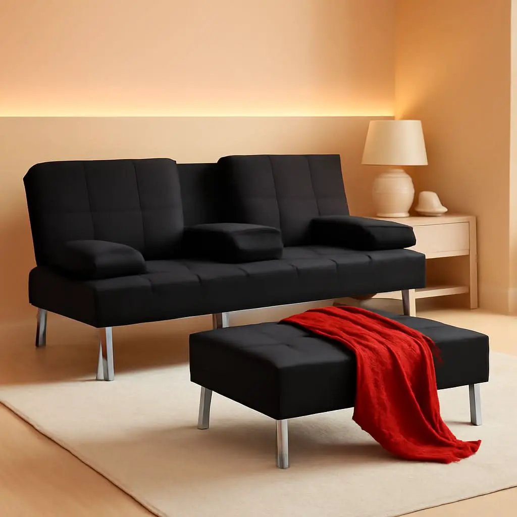 Black Linen Folding Futon Recliner With Cupholders from PriceLows™