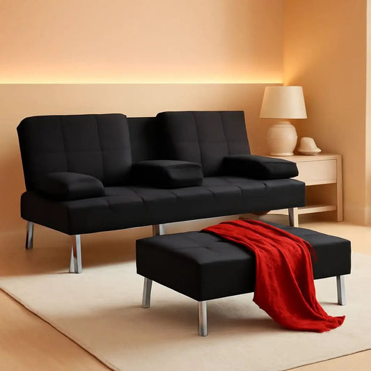 Black Linen Folding Futon Recliner With Cupholders from PriceLows™