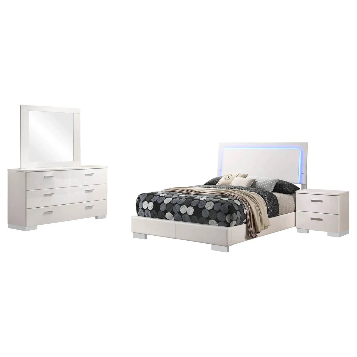 Felicity 4-piece Full Bedroom Set White High Gloss | 4-Piece Set | Faux Leather & Metal | Bedroom