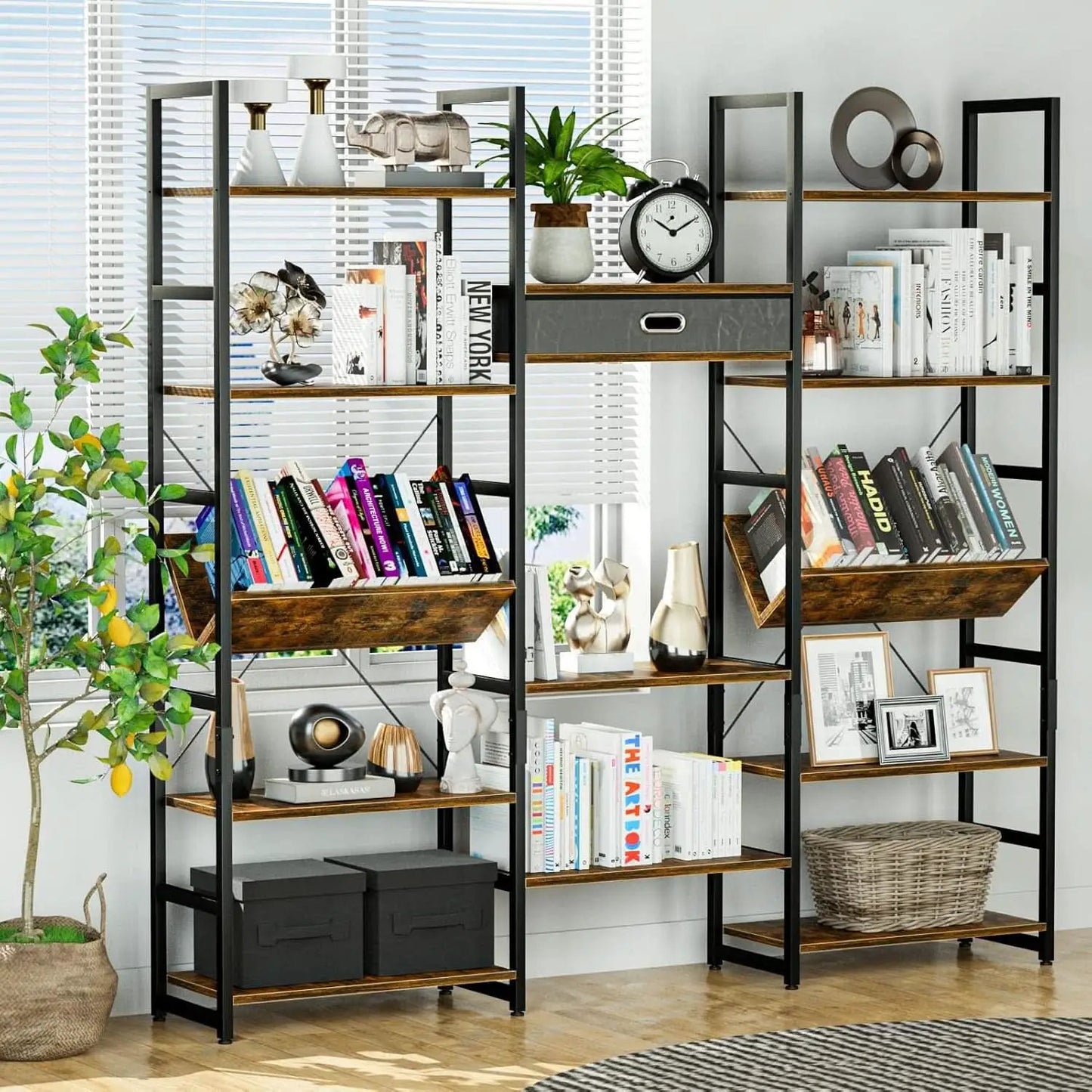 Triple Wide Five Tier Bookshelf Rustic Brown Finish from PriceLows™