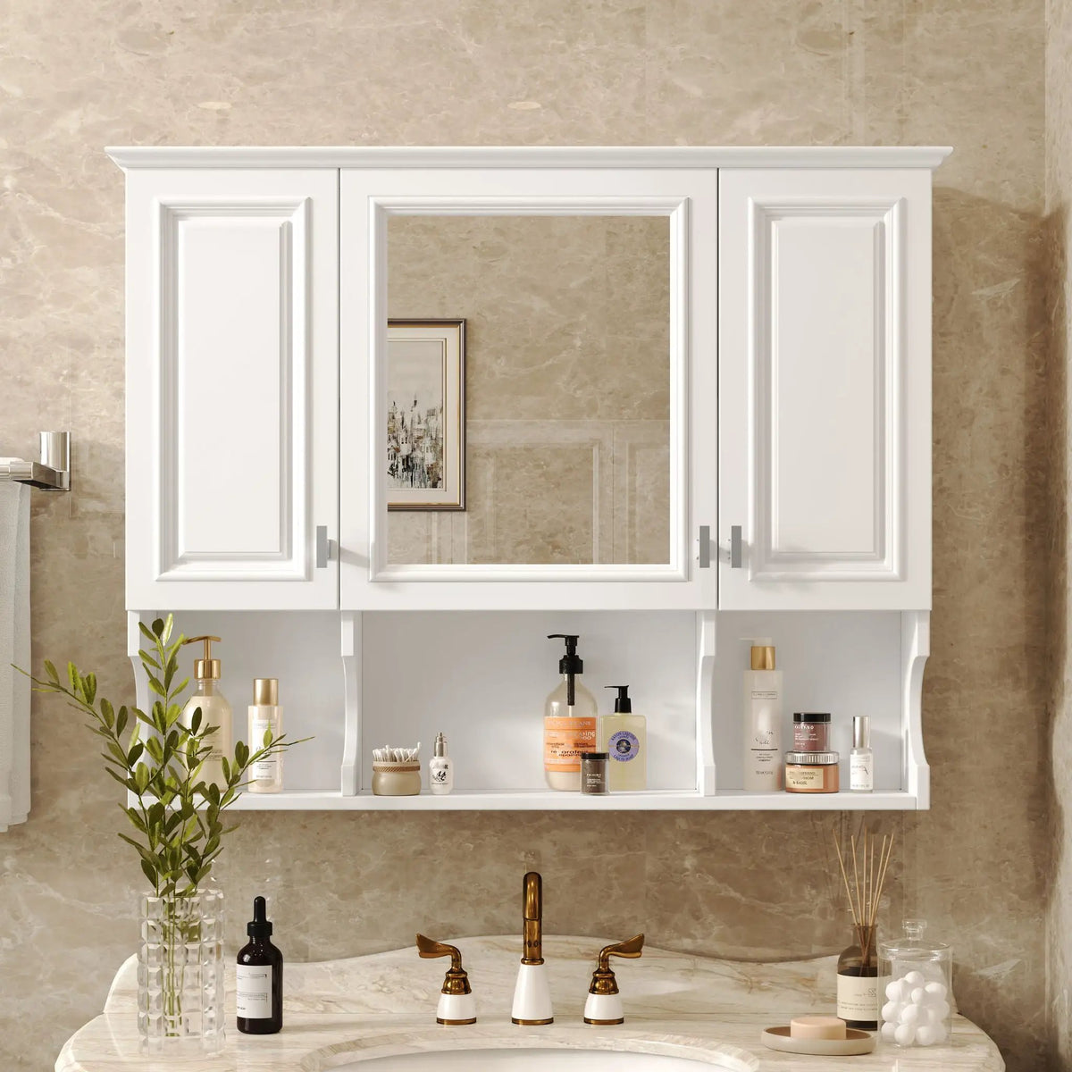 Wall Mounted Medicine Cabinet | Mirror | Open Shelves | 35 Inch Width