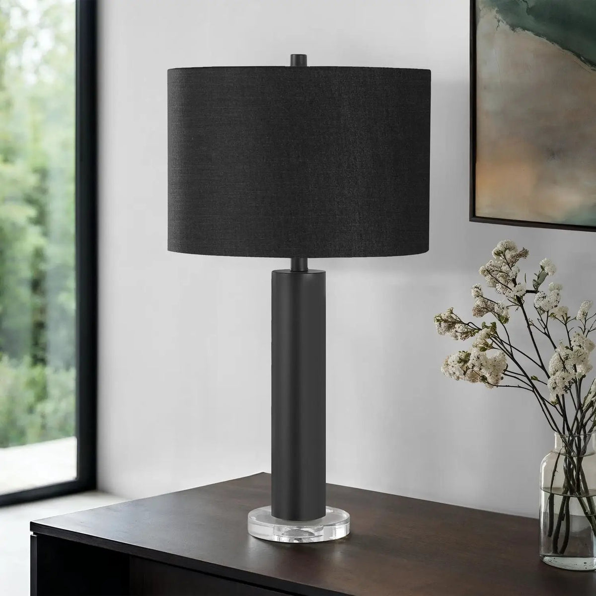 Metal Cylinder Table Lamp | Clear Acrylic Accent | 27.5 Inch Height | 3-Way Rotary Switch