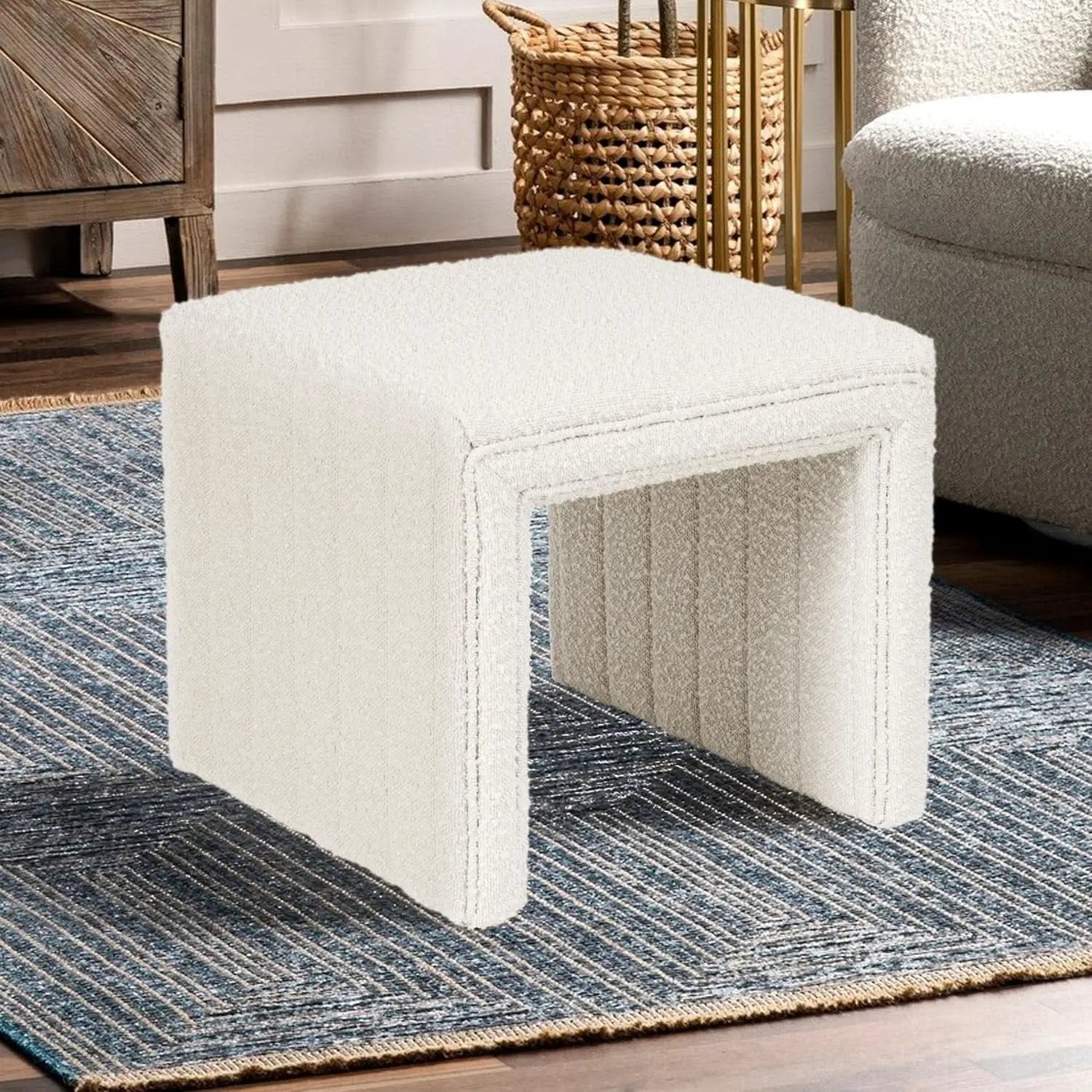 Cream Soft Boucle Upholstered Ottoman Footrest 18 Inches from PriceLows™