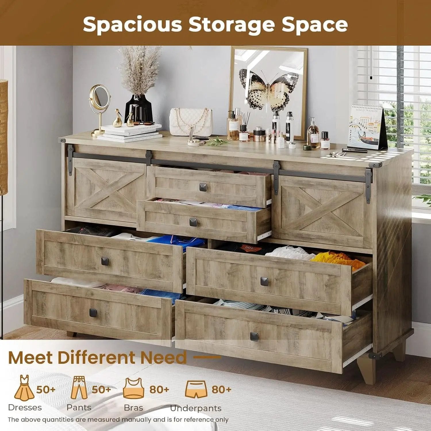 Six Drawer Dresser Rustic Oakwood Sliding BarnDoor from PriceLows™