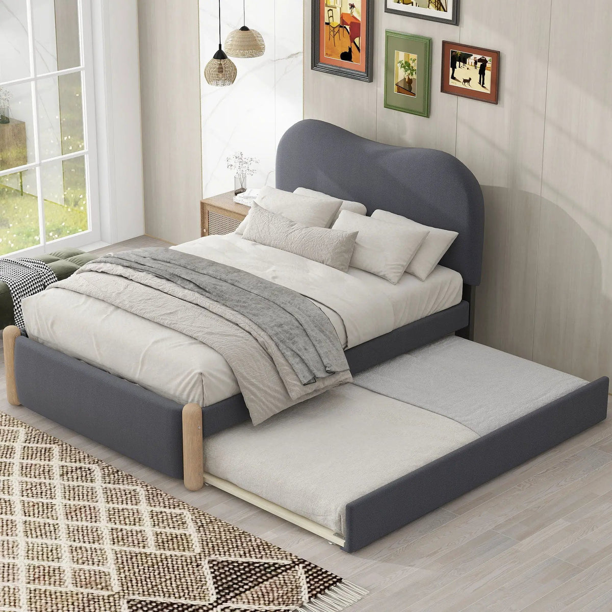 Upholstered Platform Bed | Trundle | Arc-Shaped Berber Fleece Headboard | Wood Supporting Feet