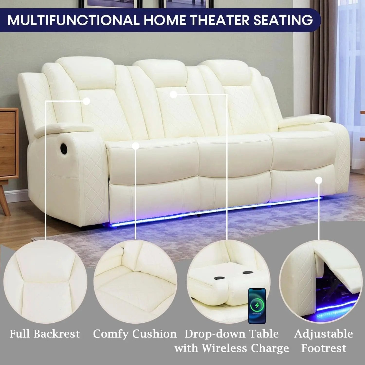 Power Recliner Sofa Set With LED Lights Creamy Finish from PriceLows™