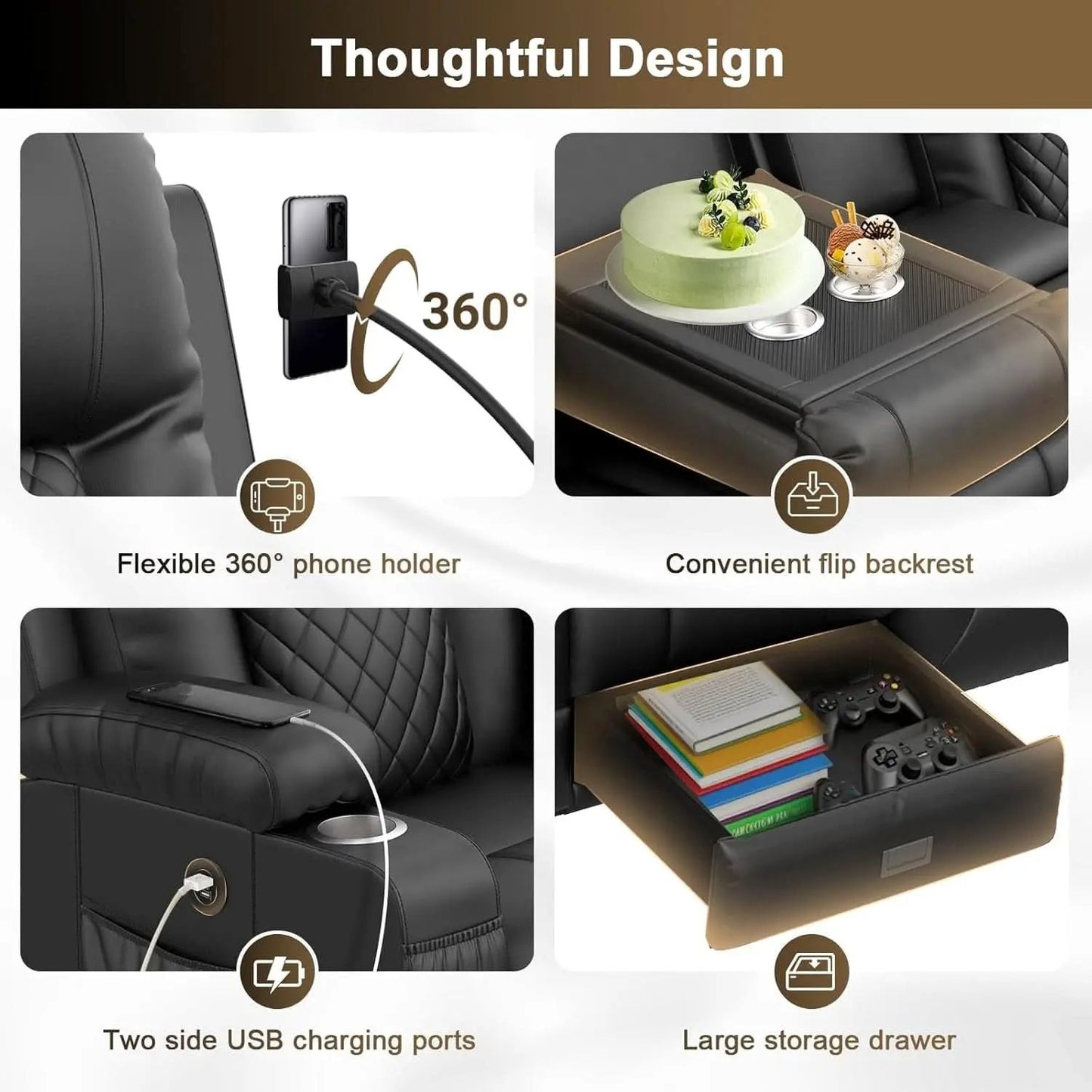 Three Seat Recliner Sofa With Flip Backrest And USB Ports from PriceLows™