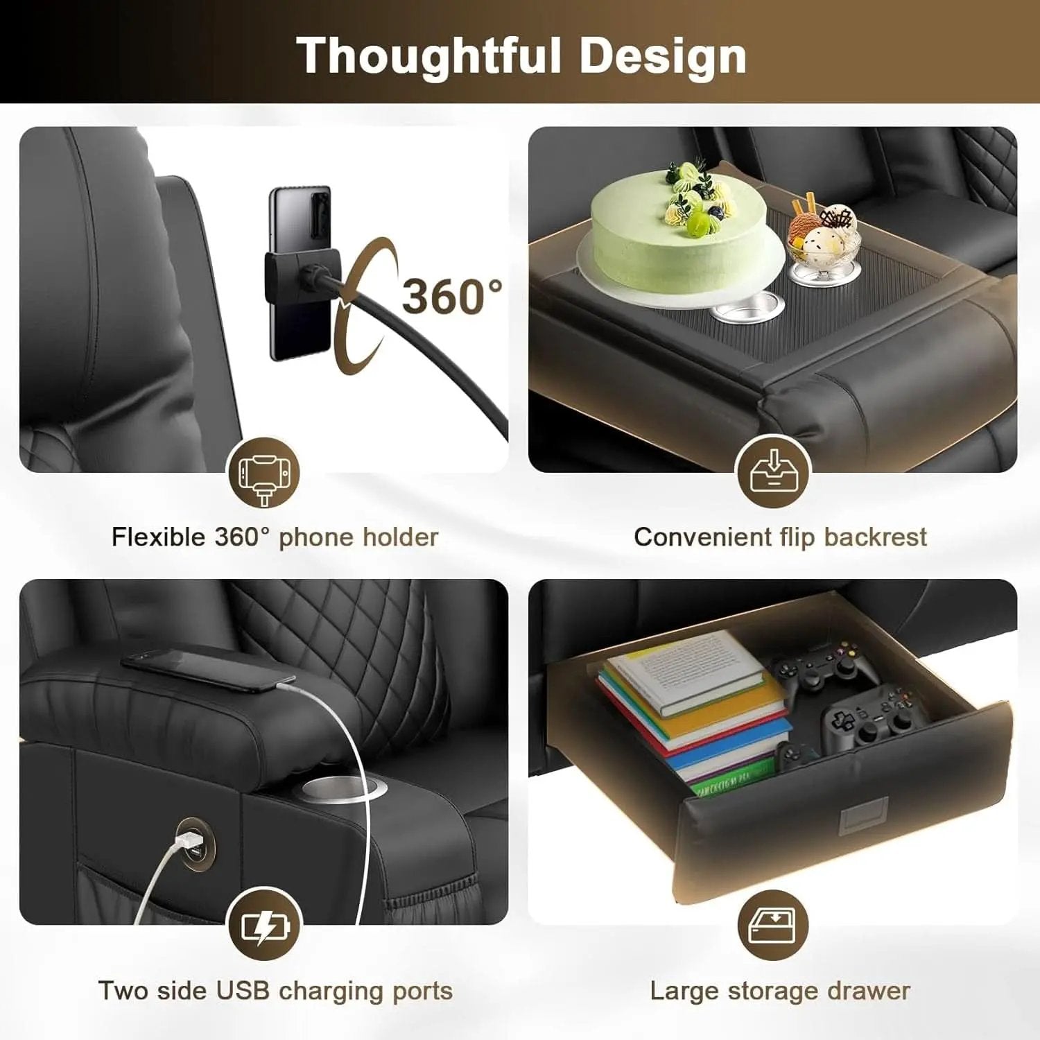 Three Seat Recliner Sofa With Flip Backrest And USB Ports from PriceLows™