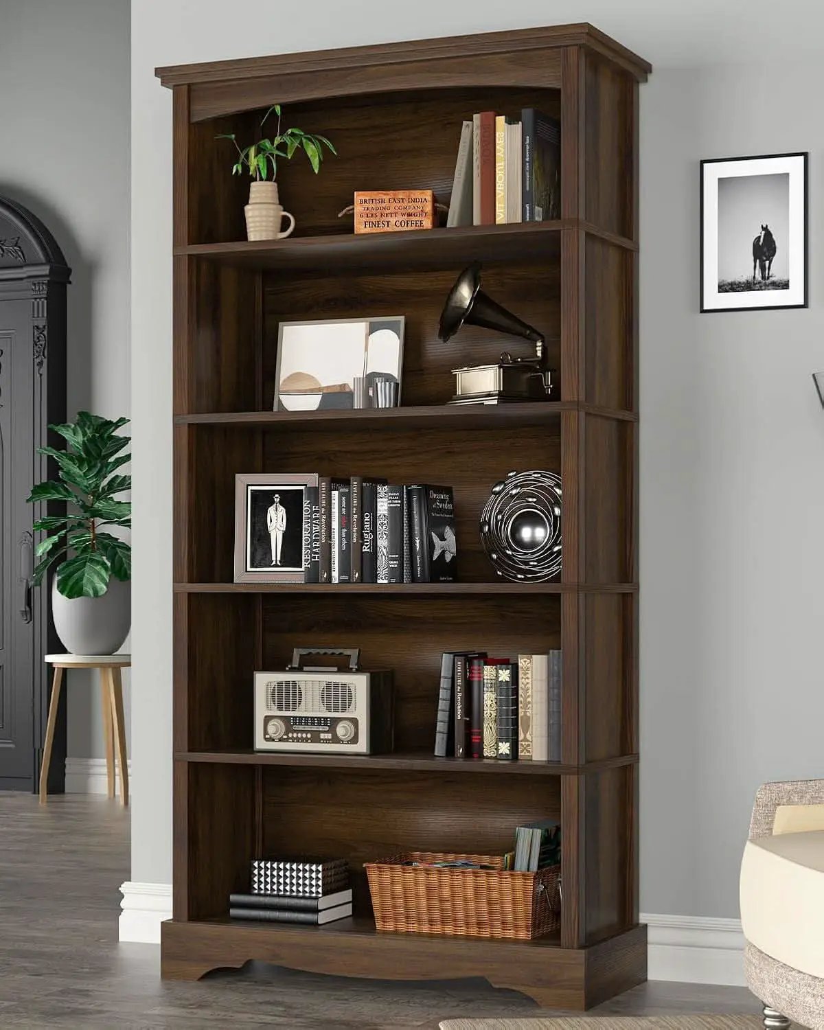 65-Inch Tall Brown Wooden Bookshelf With Five Tiers from PriceLows™