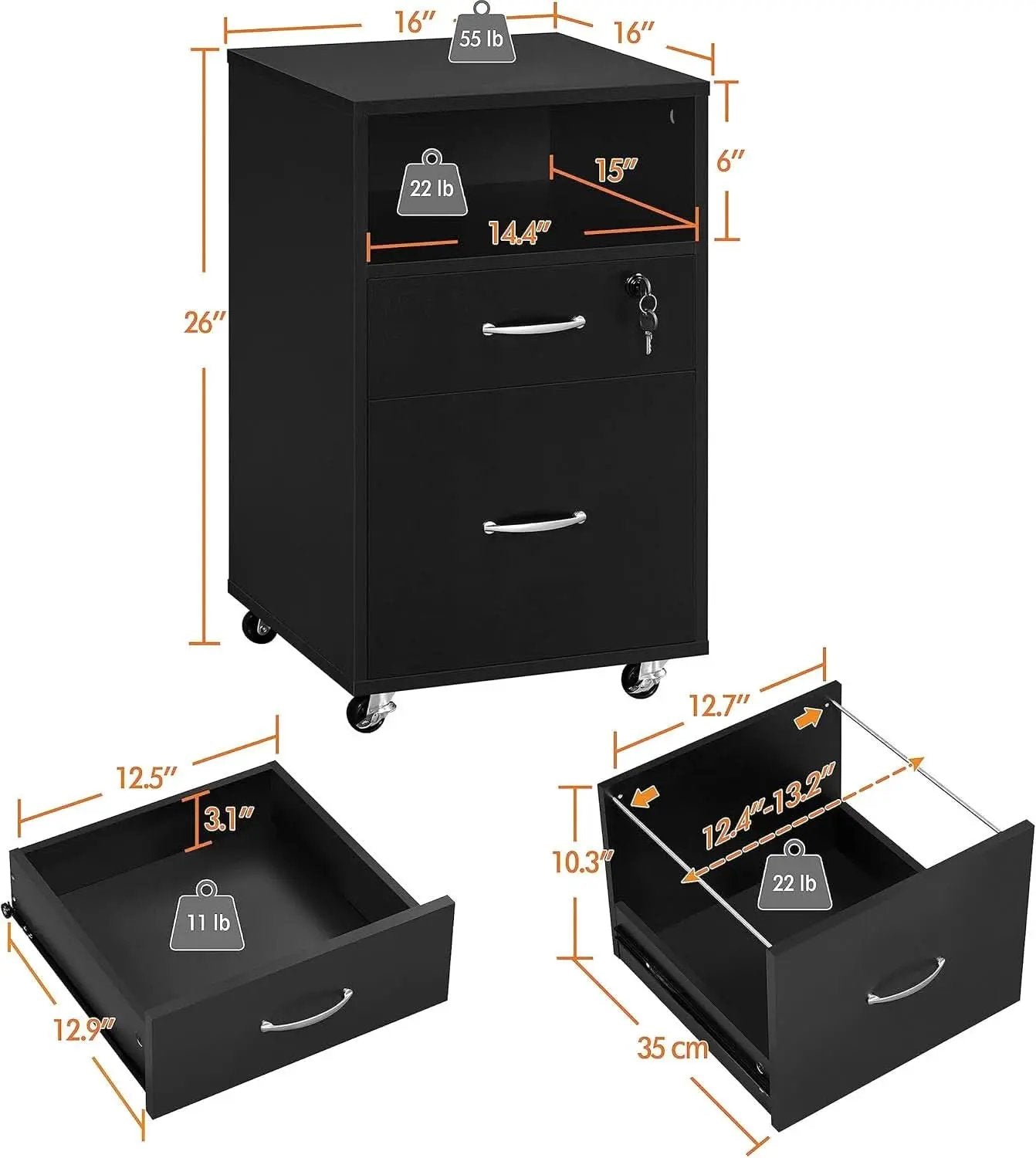 Black Under Desk File Cabinet 2 Drawers Lockable Wheels from PriceLows™