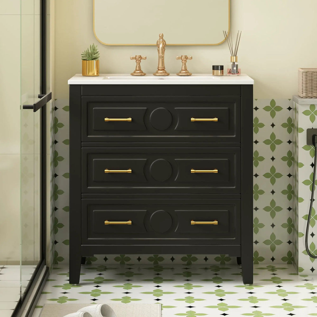 30 Inch Retro Bathroom Vanity | Free Standing Single Set | 3 Drawers | Solid Wood Frame