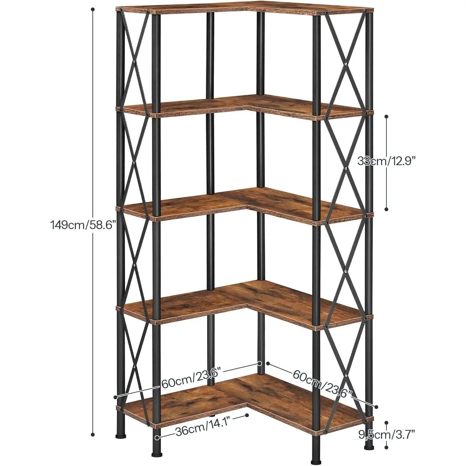 Corner Bookshelf 5-Tier L-Shaped Industrial Bookcase In Rustic Brown from PriceLows™