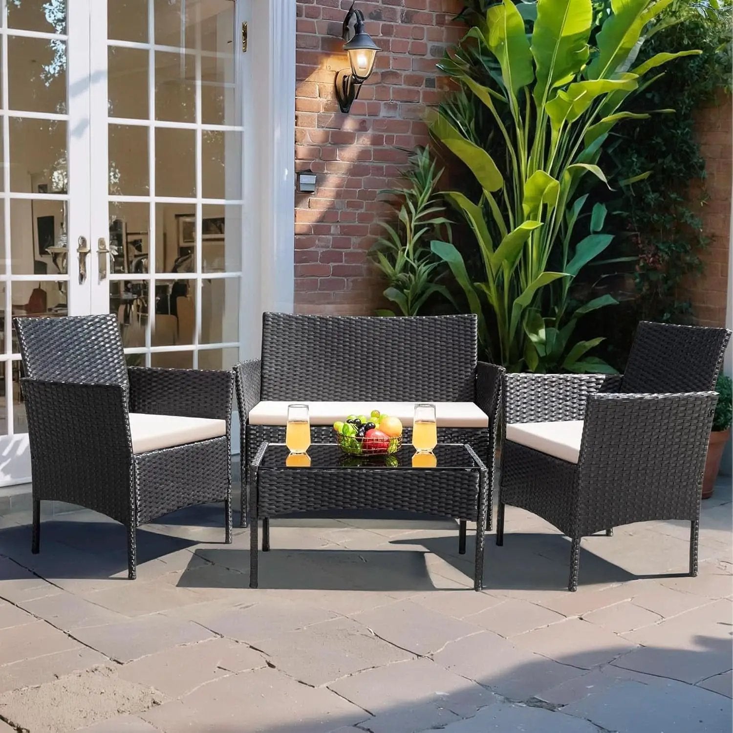 Patio Furniture Four Piece Conversation Set Black Beige from PriceLows™