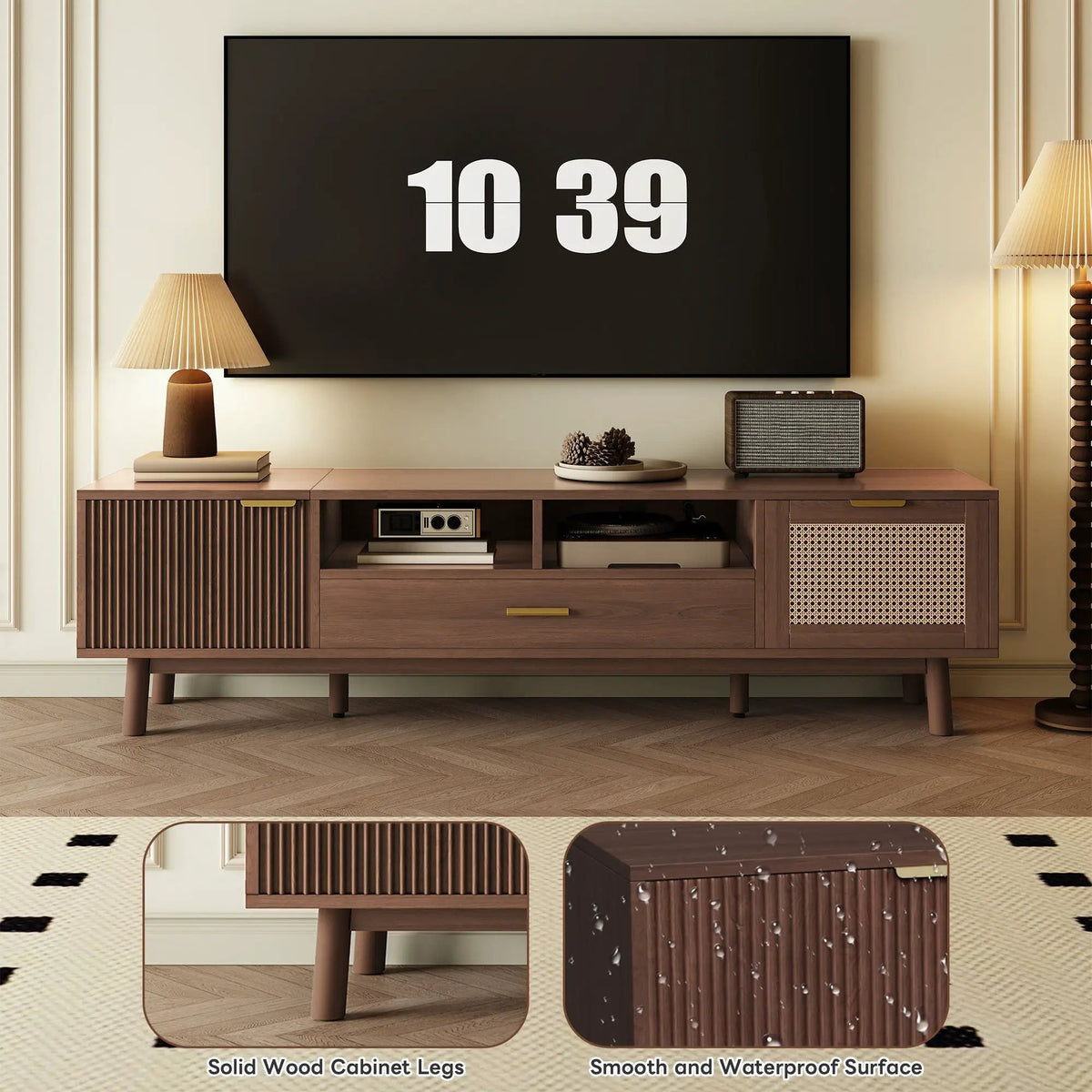 75 Inch TV Stand | Soft Closing Doors | Interwoven Rattan Door | Drop Down Cabinet