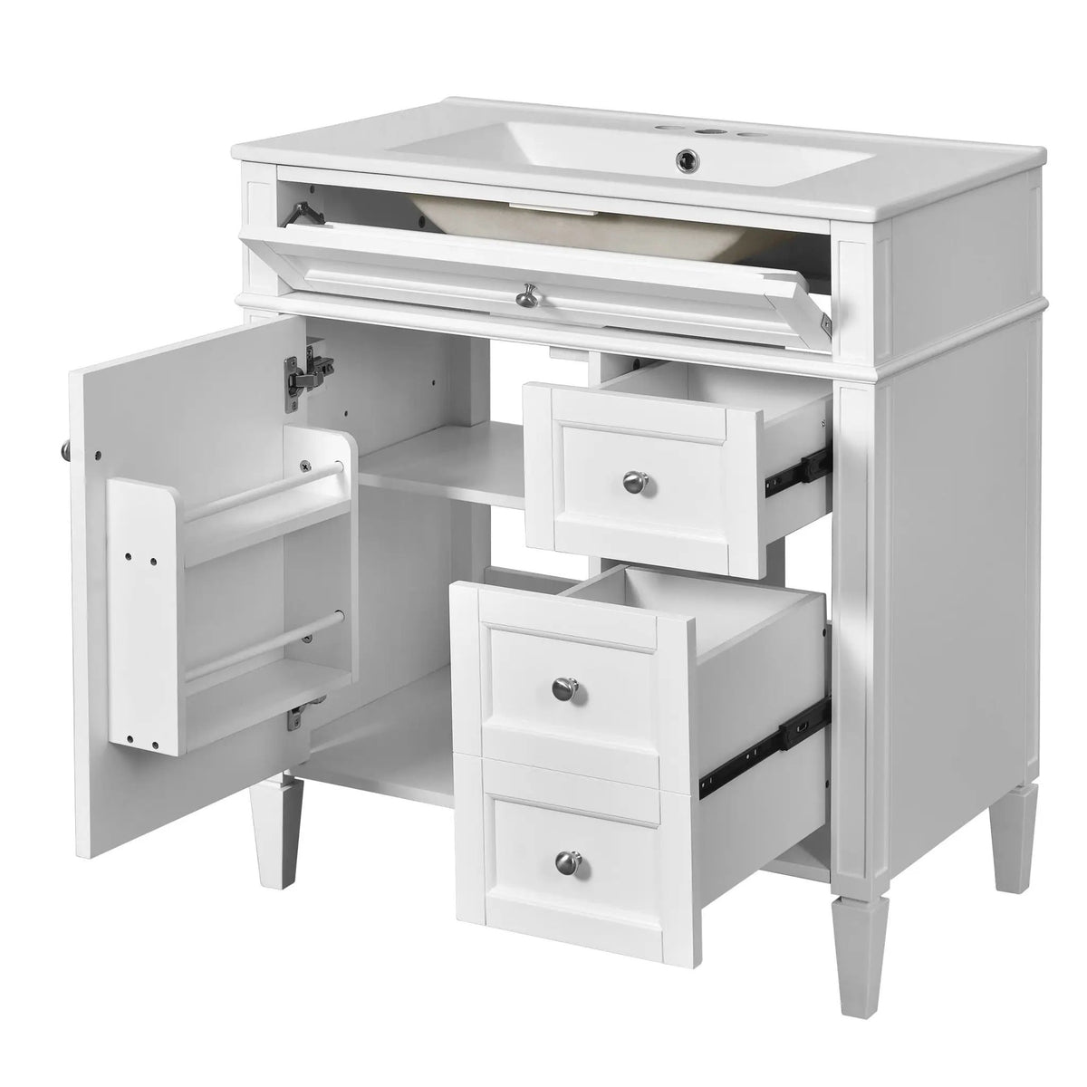 30 Inch Bathroom Vanity With Top Sink | 2 Drawers | Tip-Out Drawer | Vintage-Inspired Handles