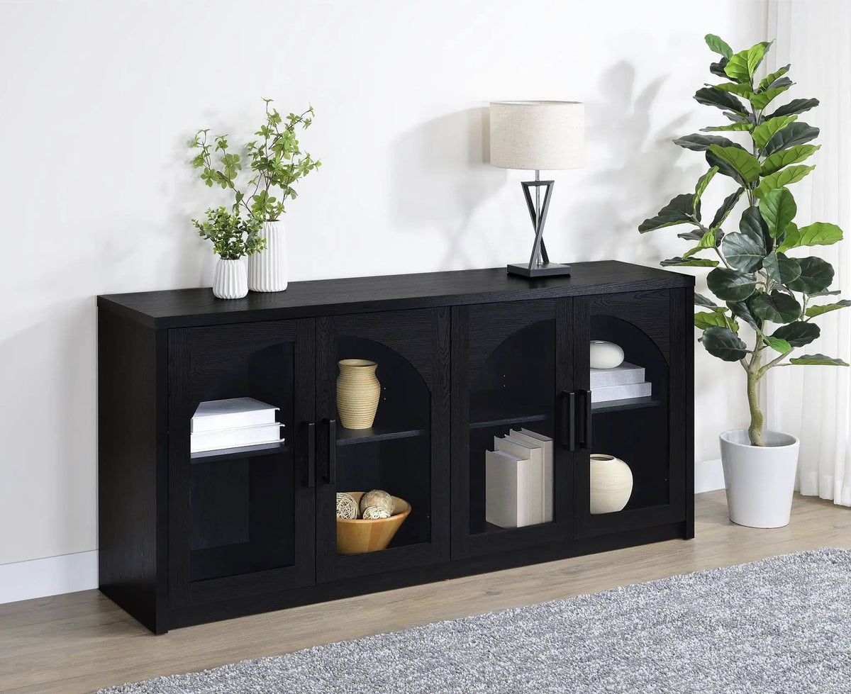 Riva 4-door Dining Sideboard Buffet Storage Credenza | 68.25 x 15.5 x 33 in | Engineered Wood & Glass | Black