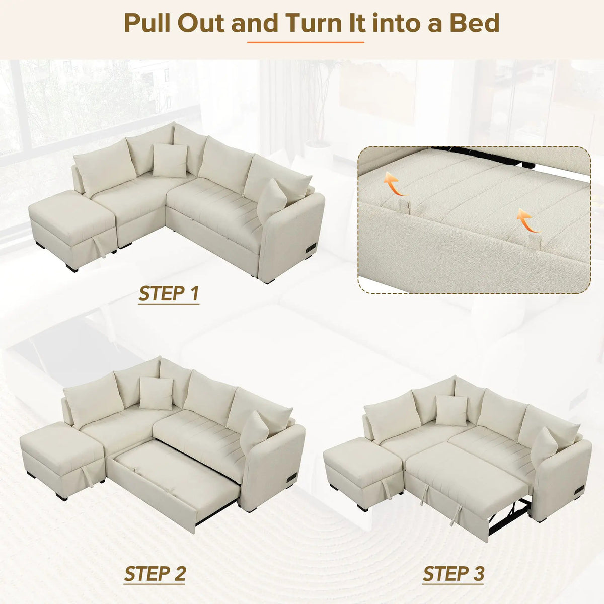 L Shaped Sectional Sofa Bed | USB Ports | Power Sockets | Storage Ottoman