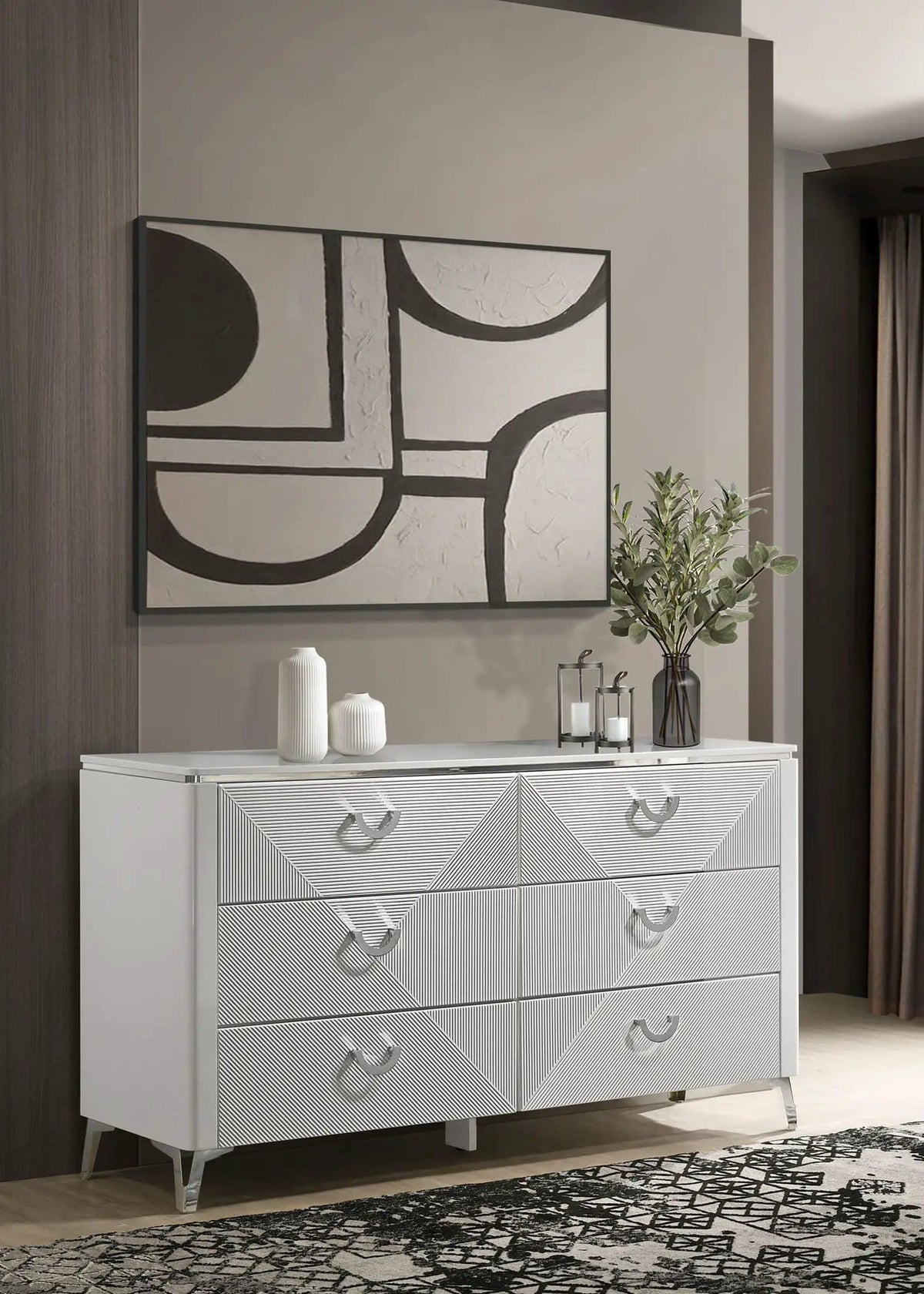 Cassia 6-drawer Bedroom Dresser Cabinet White High Gloss | 63 x 17.75 x 35.25 in | Metal | Bedroom