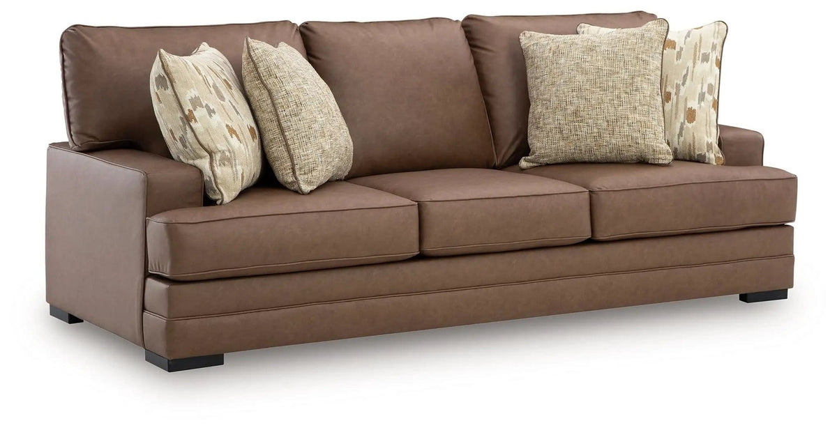 VillaCourt Sofa | 93 x 40 x 38 in | Faux Leather & Wood | Caramel