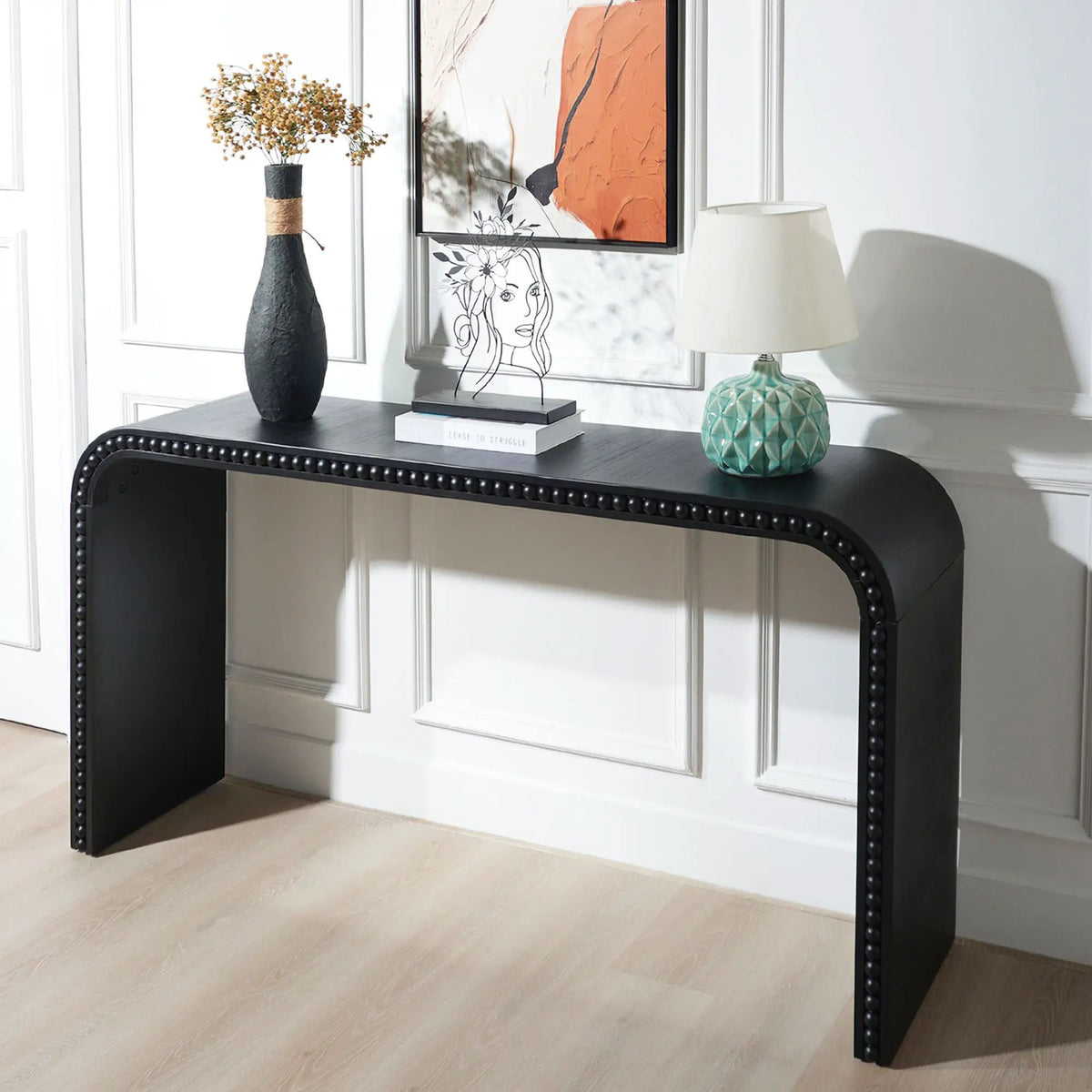 Waterfall Console Table | 59 Inch Width | Wood Trim Accent | Farmhouse Finish