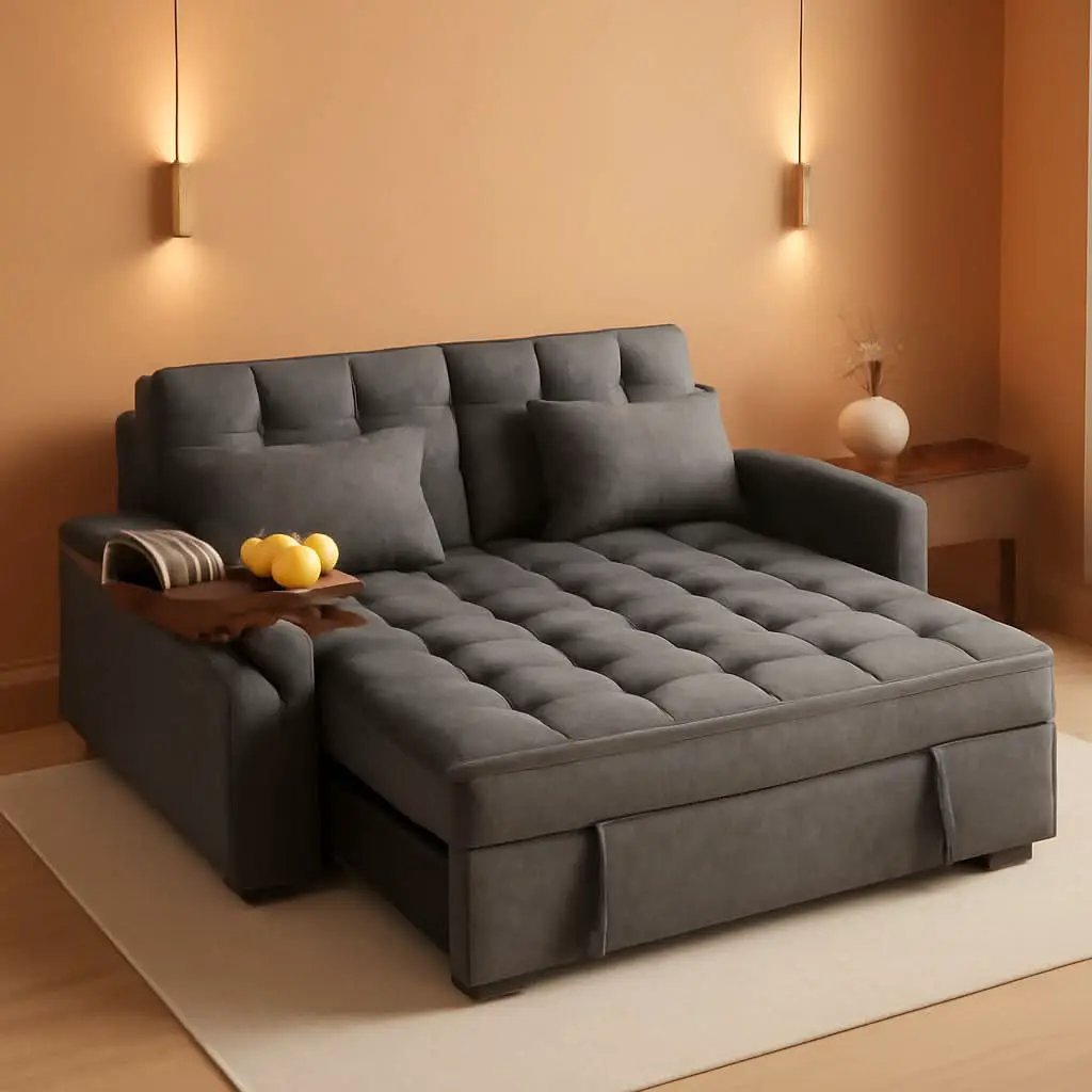 65Inch Grey Chenille Convertible Sleeper Sofa Table from PriceLows™