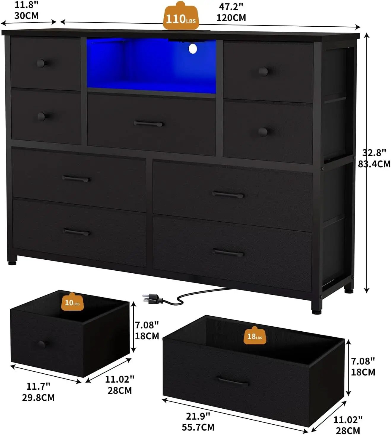 Charcoal Nine Drawer Wardrobe TV Stand With LED Lighting from PriceLows™