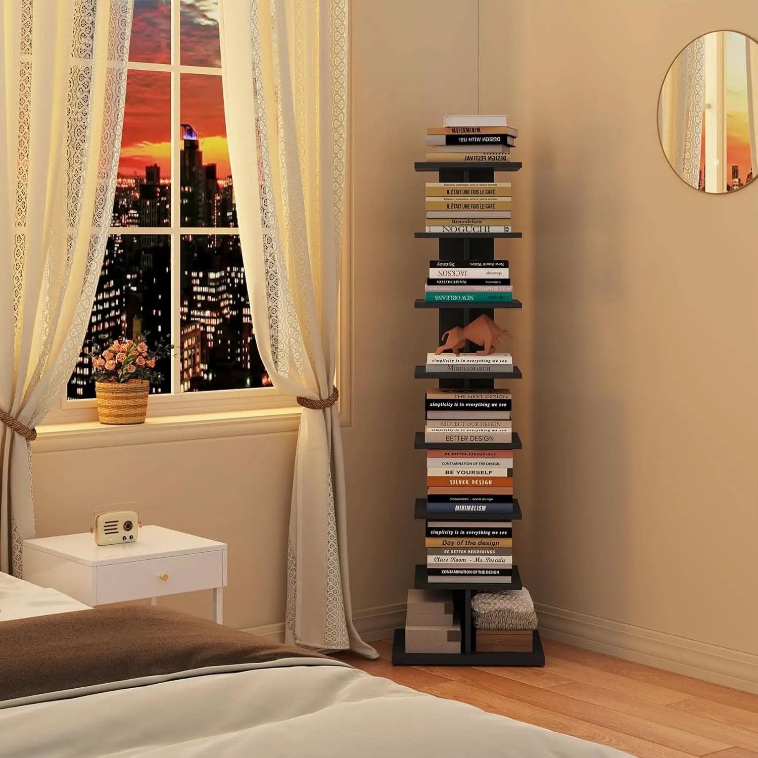 Vertical 8 Tier Bookshelf Black For Small Spaces Bookcase from PriceLows™