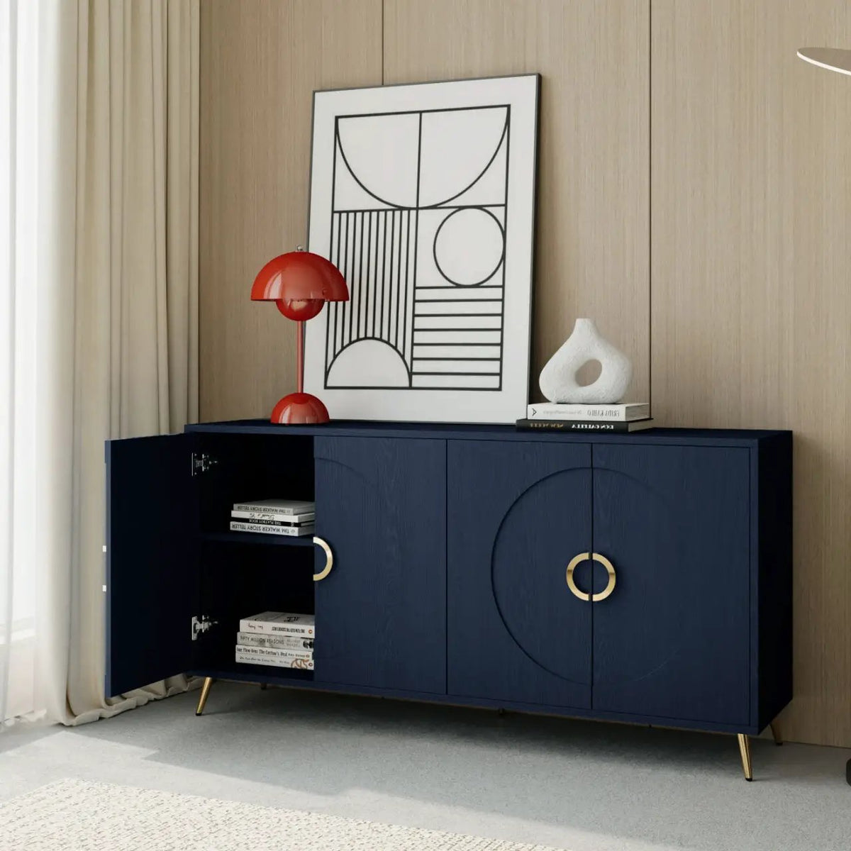 Lacquered 4 Door Sideboard Buffet | Matte Navy Finish | Solid Wood Veneer | Metal Legs