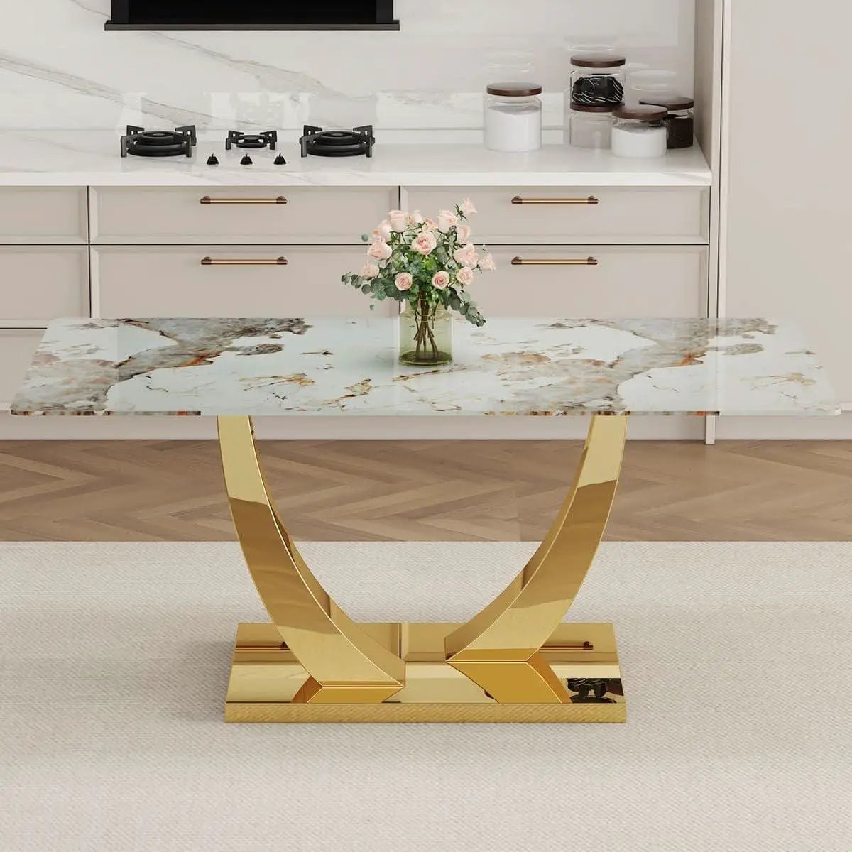 71 Inch Faux Marble Dining Table Tempered Glass Top from PriceLows™