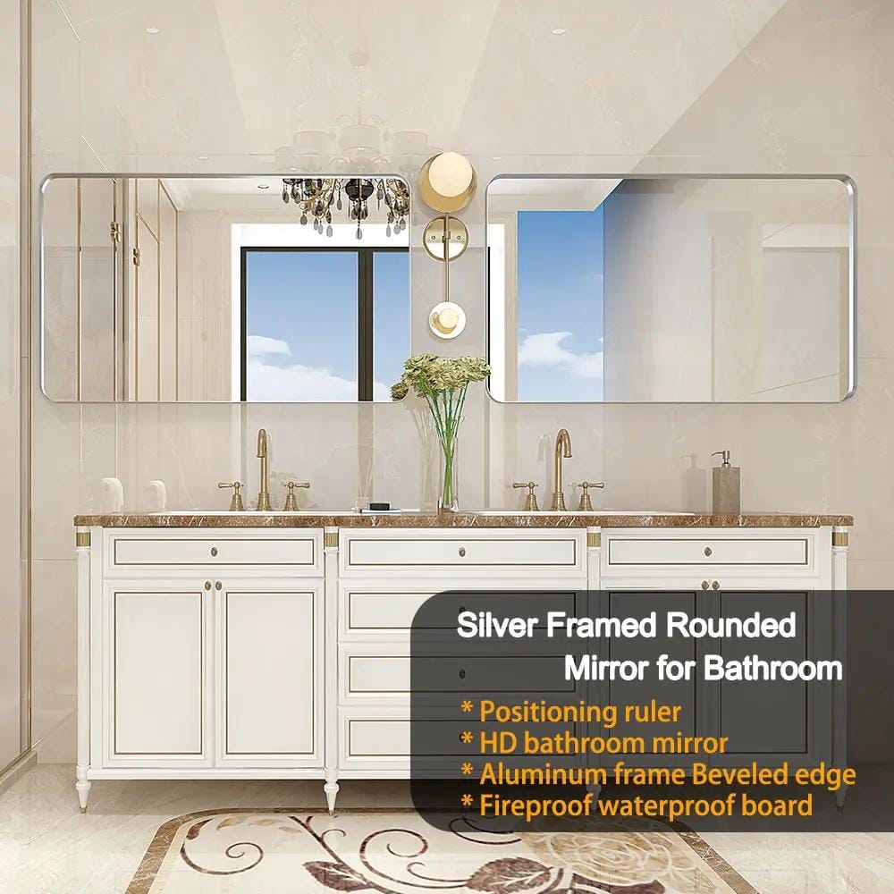 Rounded Corner Rectangle Bathroom Mirror For Wall Metal Frame Wall Mounted Bathroom | 39.76 x 29.92 x 1.97 in | Metal & Aluminum | Bathroom