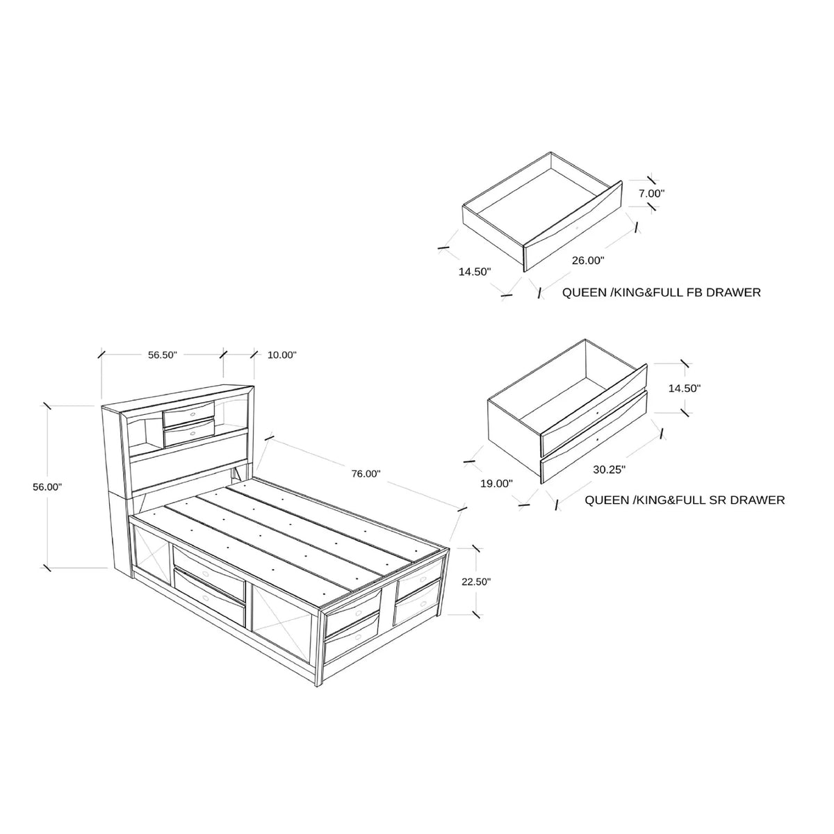 Lucille Storage Bed | Bookcase Headboard | Six Drawers | Fully Slatted Design