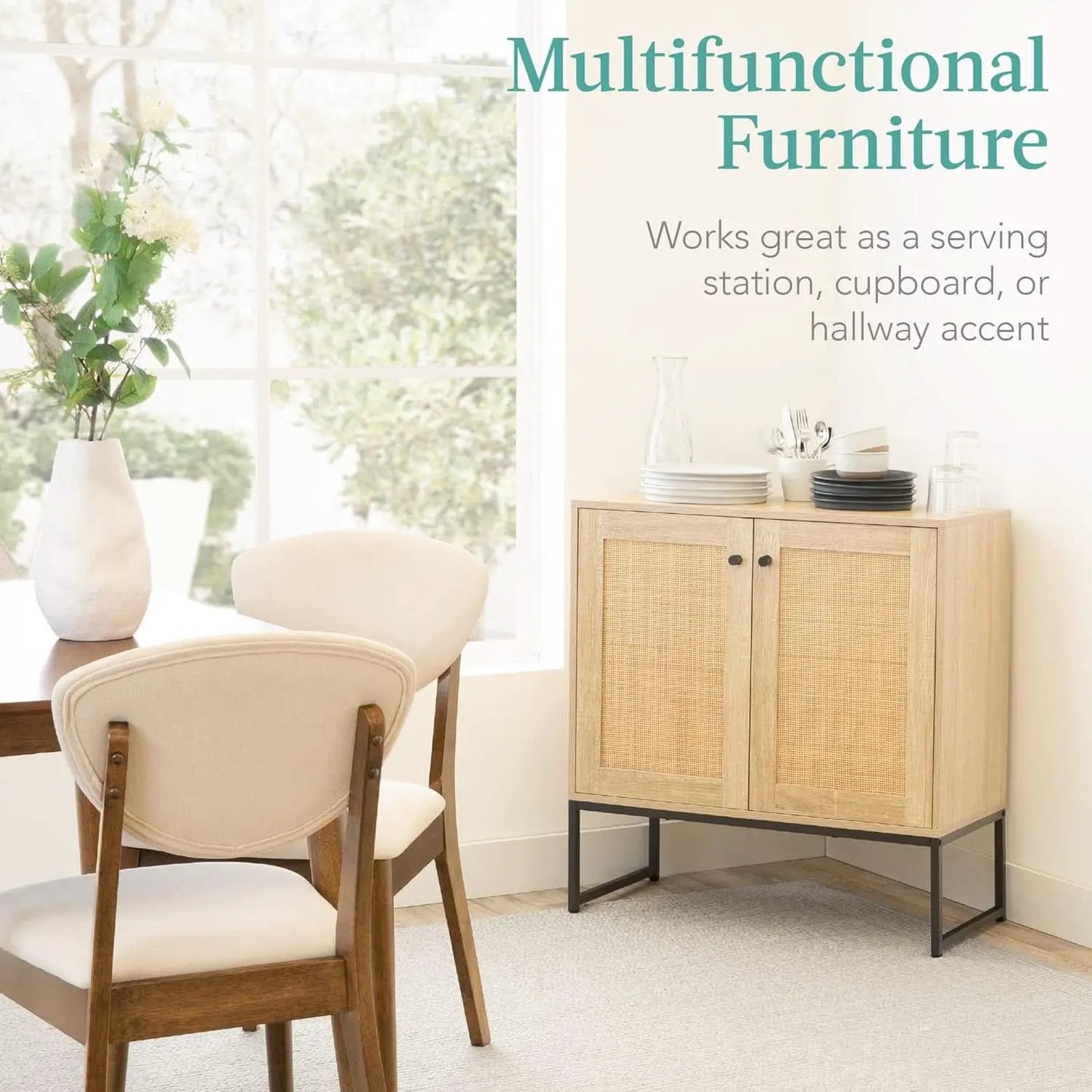 Two Door Rattan Storage Cabinet Natural Finish With Non Scratch Foot Pads For Living Room Hallway Kitchen from PriceLows™