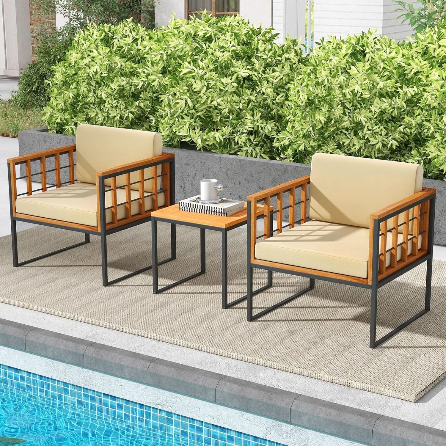 Three Piece Acacia Wood Patio Chair Set With Cushioned Seats For Balcony Porch And Backyard Beige from PriceLows™