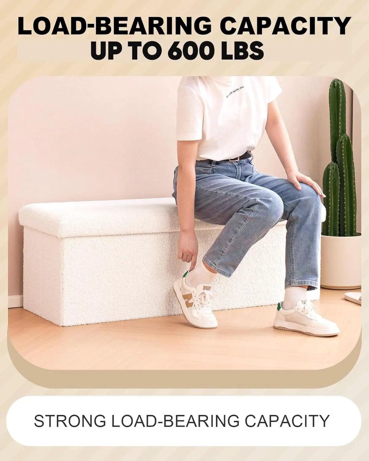 Cream White Faux Fur Storage Ottoman 43.3 Inch Dimensions from PriceLows™