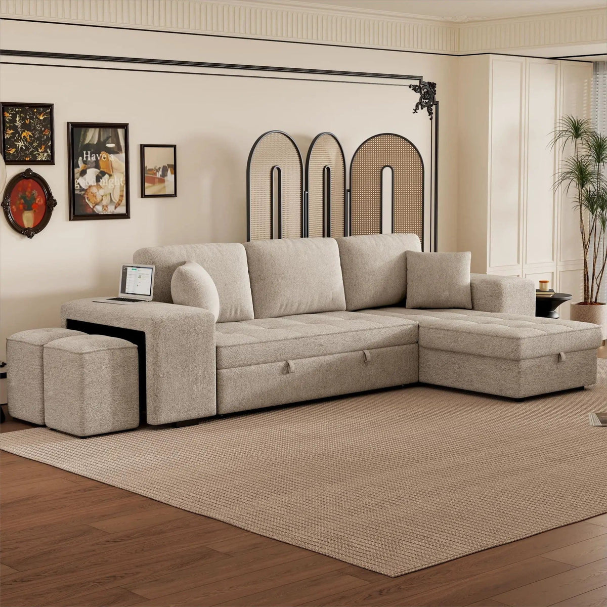 Modern L-Shape 3 Seat Reversible Sectional Couch, Pull Out Sleeper Sofa With Storage | 4 Pieces | Fabric | Living Room
