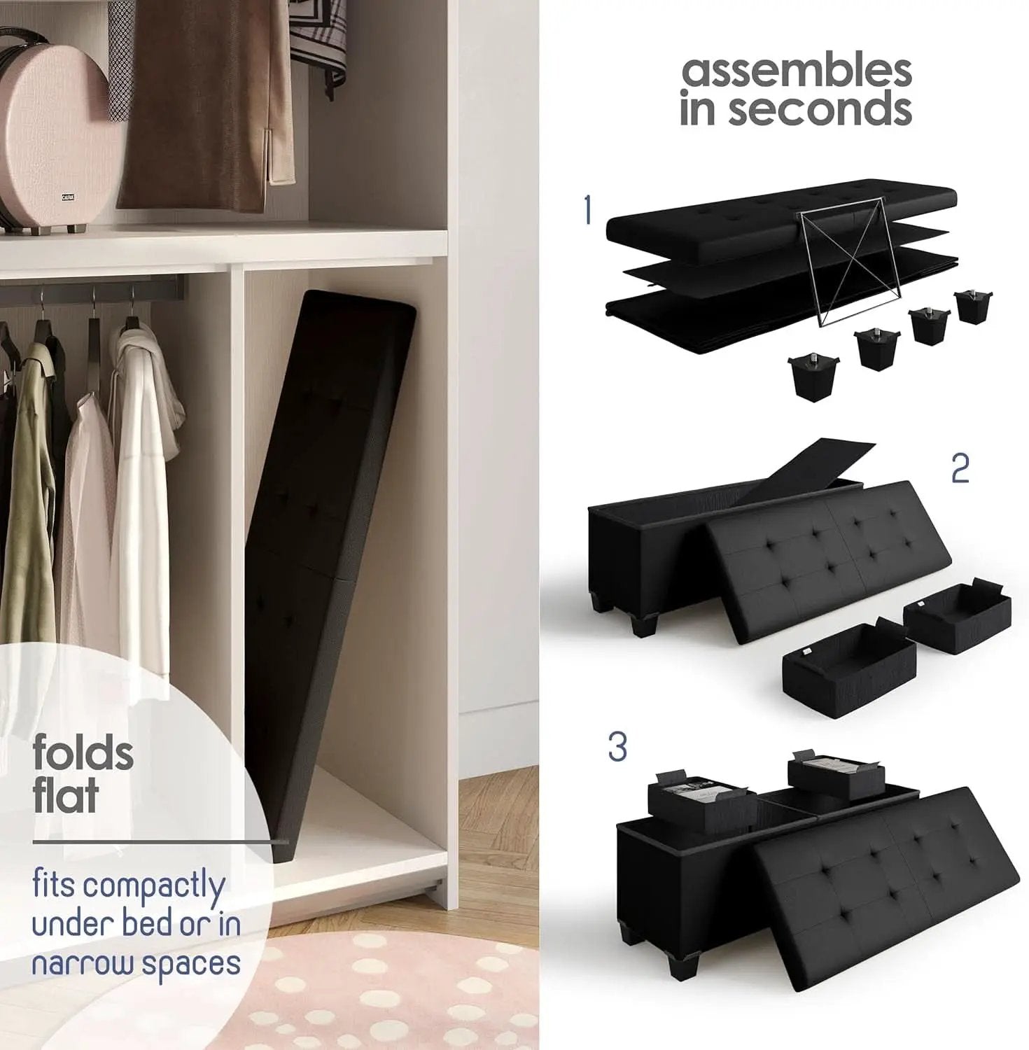 Black Forty ThreeInch Premium Multifunctional Storage Ottoman Bench from PriceLows™